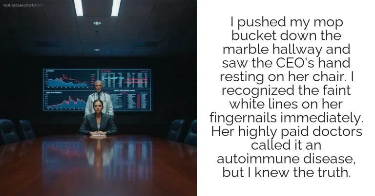 I pushed my mop bucket down the marble hallway and saw the CEO's hand resting on her chair. I recognized the faint white lines on her fingernails immediately. Her highly paid doctors called it an autoimmune disease, but I knew the truth.