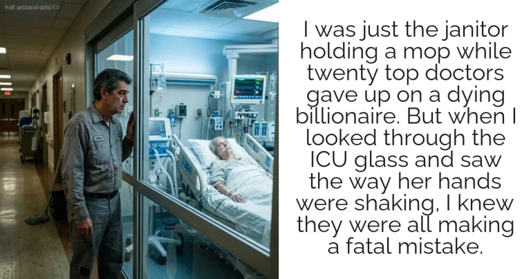 I was just the janitor holding a mop while twenty top doctors gave up on a dying billionaire. But when I looked through the ICU glass and saw the way her hands were shaking, I knew they were all making a fatal mistake.