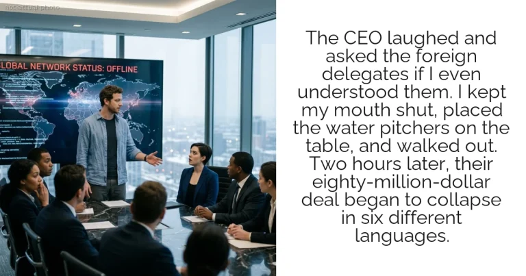 The CEO laughed and asked the foreign delegates if I even understood them. I kept my mouth shut, placed the water pitchers on the table, and walked out. Two hours later, their eighty-million-dollar deal began to collapse in six different languages.