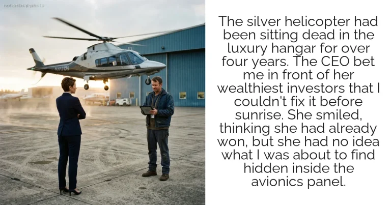 The silver helicopter had been sitting dead in the luxury hangar for over four years. The CEO bet me in front of her wealthiest investors that I couldn't fix it before sunrise. She smiled, thinking she had already won, but she had no idea what I was about to find hidden inside the avionics panel.