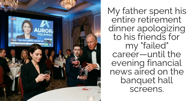 My father spent his entire retirement dinner apologizing to his friends for my "failed" career—until the evening financial news aired on the banquet hall screens.