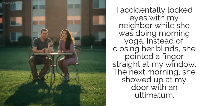 I accidentally locked eyes with my neighbor while she was doing morning yoga. Instead of closing her blinds, she pointed a finger straight at my window. The next morning, she showed up at my door with an ultimatum.