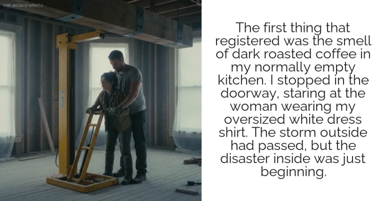 The first thing that registered was the smell of dark roasted coffee in my normally empty kitchen. I stopped in the doorway, staring at the woman wearing my oversized white dress shirt. The storm outside had passed, but the disaster inside was just beginning.