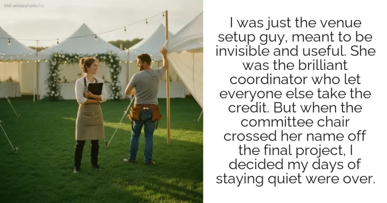 I was just the venue setup guy, meant to be invisible and useful. She was the brilliant coordinator who let everyone else take the credit. But when the committee chair crossed her name off the final project, I decided my days of staying quiet were over.