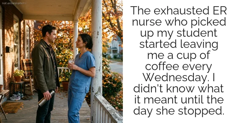 The exhausted ER nurse who picked up my student started leaving me a cup of coffee every Wednesday. I didn't know what it meant until the day she stopped.