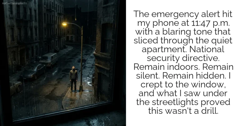 The emergency alert hit my phone at 11:47 p.m. with a blaring tone that sliced through the quiet apartment. National security directive. Remain indoors. Remain silent. Remain hidden. I crept to the window, and what I saw under the streetlights proved this wasn't a drill.