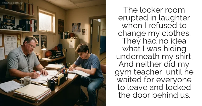 The locker room erupted in laughter when I refused to change my clothes. They had no idea what I was hiding underneath my shirt. And neither did my gym teacher, until he waited for everyone to leave and locked the door behind us.