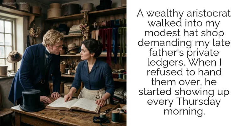A wealthy aristocrat walked into my modest hat shop demanding my late father's private ledgers. When I refused to hand them over, he started showing up every Thursday morning.