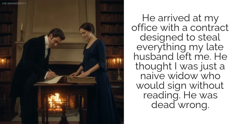He arrived at my office with a contract designed to steal everything my late husband left me. He thought I was just a naive widow who would sign without reading. He was dead wrong.