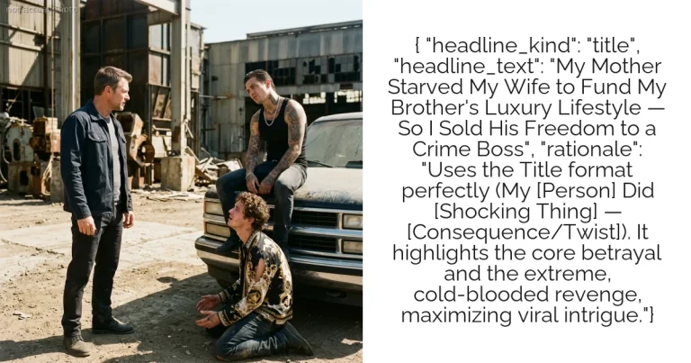 { "headline_kind": "title", "headline_text": "My Mother Starved My Wife to Fund My Brother's Luxury Lifestyle — So I Sold His Freedom to a Crime Boss", "rationale": "Uses the Title format perfectly (My [Person] Did [Shocking Thing] — [Consequence/Twist]). It highlights the core betrayal and the extreme, cold-blooded revenge, maximizing viral intrigue."}