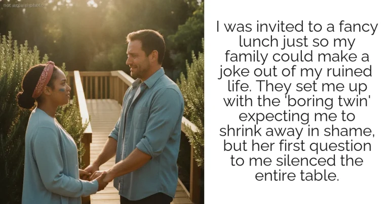 I was invited to a fancy lunch just so my family could make a joke out of my ruined life. They set me up with the 'boring twin' expecting me to shrink away in shame, but her first question to me silenced the entire table.