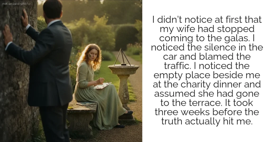 I didn't notice at first that my wife had stopped coming to the galas. I noticed the silence in the car and blamed the traffic. I noticed the empty place beside me at the charity dinner and assumed she had gone to the terrace. It took three weeks before the truth actually hit me.