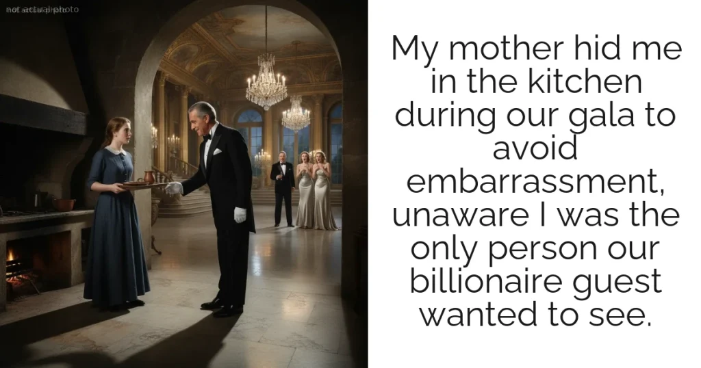 My mother hid me in the kitchen during our gala to avoid embarrassment, unaware I was the only person our billionaire guest wanted to see.